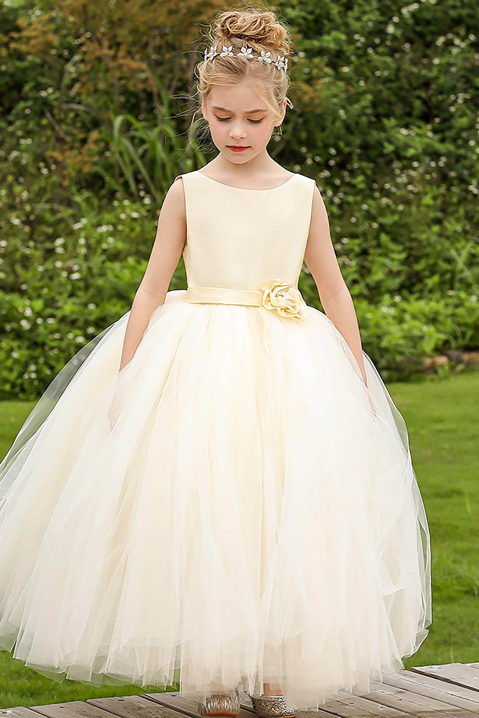 Ball Gown Floor Length Satin Tulle Flower Girl Dress CF0283 - COCOMELODY